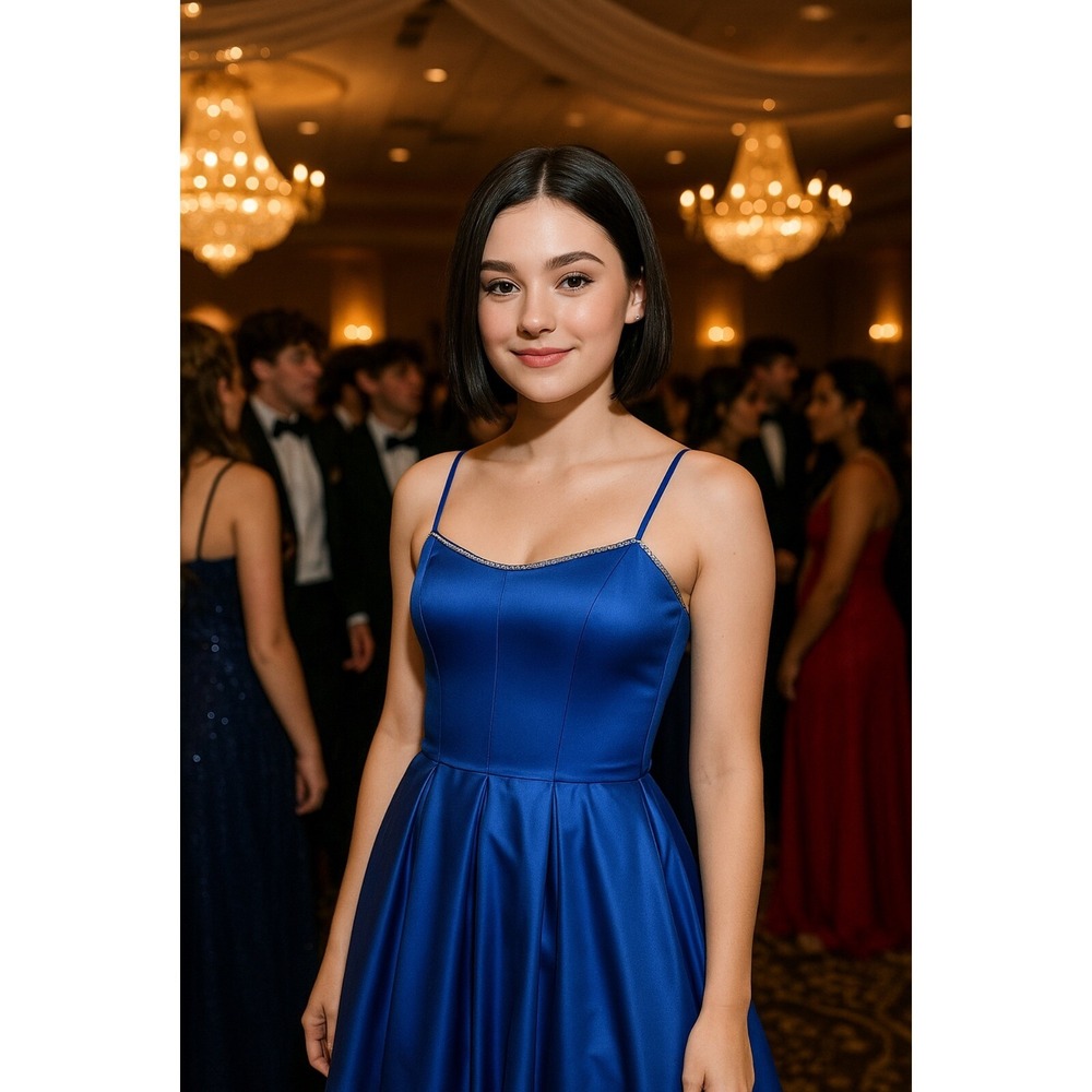 Satin Gown‎ Rhinestone Trim Formal Dress Sleeveless Blue Evening Party